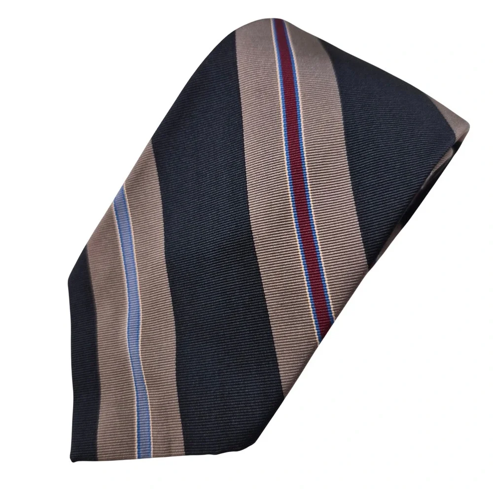 Hathaway Tie Mens Navy Blue‎ Taupe Red Silk Cotton Striped Repp USA Executive